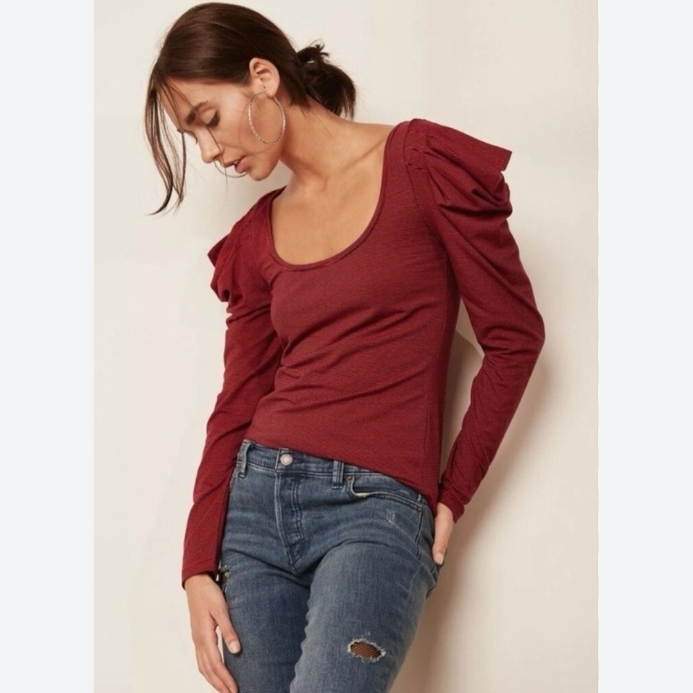 Free People Penelope Long Puff Sleeve Scoop Neck Size XS Ruffle Red/Black Stripe